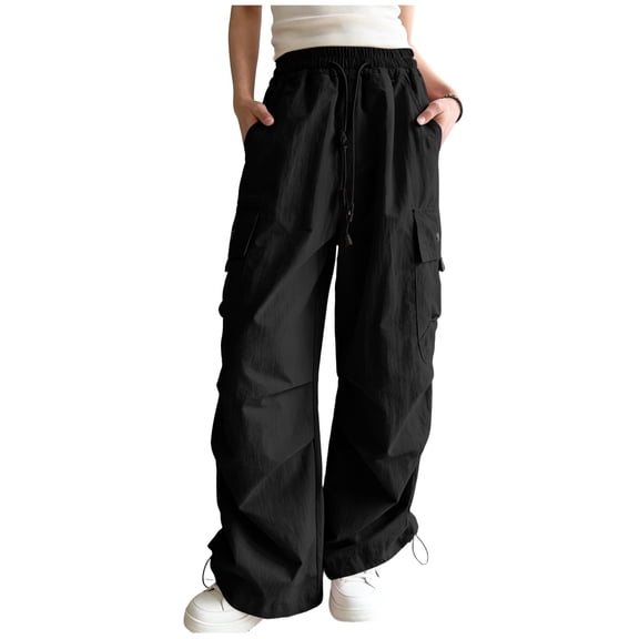 Black Parachute Pants Girls Boy Girls Cargo Pants with Multi Pockets, Elastic Waist Loose Workwear Trousers, Lightweight Breathable Outdoor Bottoms 3-4 Years
