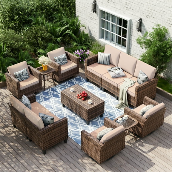 UDPATIO Patio Furniture Set, 9 Pieces Outdoor Furniture Sets with Rocking Swivel Chairs, Wicker Rattan Outdoor Conversation Set with Storage Table and Waterproof Covers for Backyard, Deck, Porch