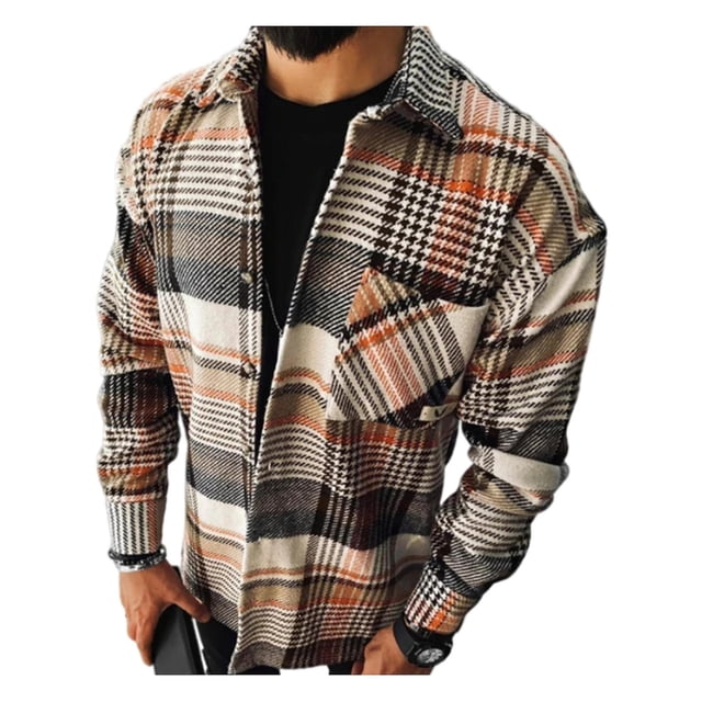 Camisetas de manga larga a cuadros para hombre Camisa de celosía de franela con cuello en V con solapa y bolsillos delanteros