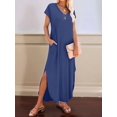 thumbnail image 2 of Summer Casual Maxi Dresses for Women V Neck Cap Sleeve Long Sundress with Pockets Beach Vacation Navy L, 2 of 8