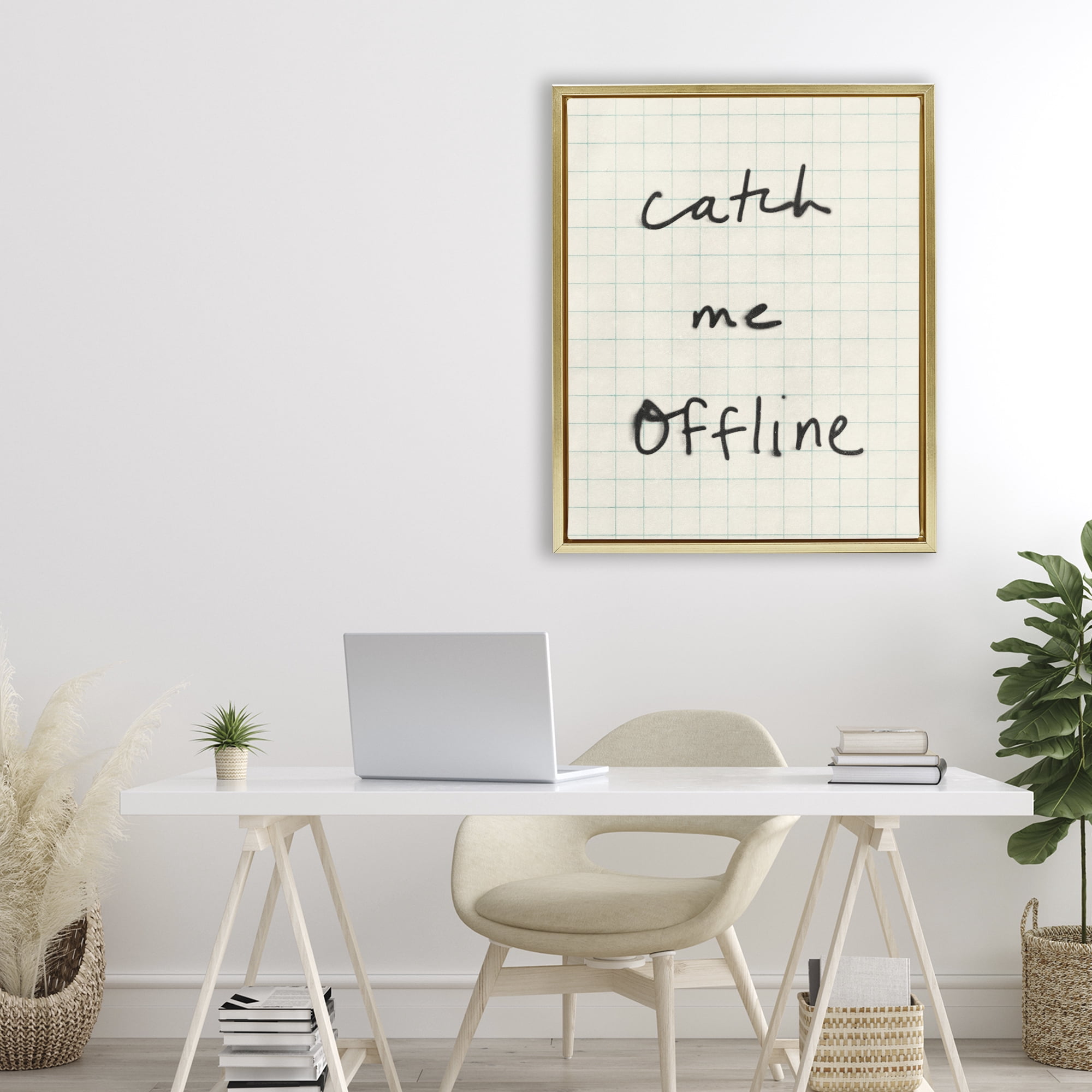 Stupell Industries Catch Me Offline Scrawl Gold Framed Floater Canvas Wall Art, design by Victoria Barnes