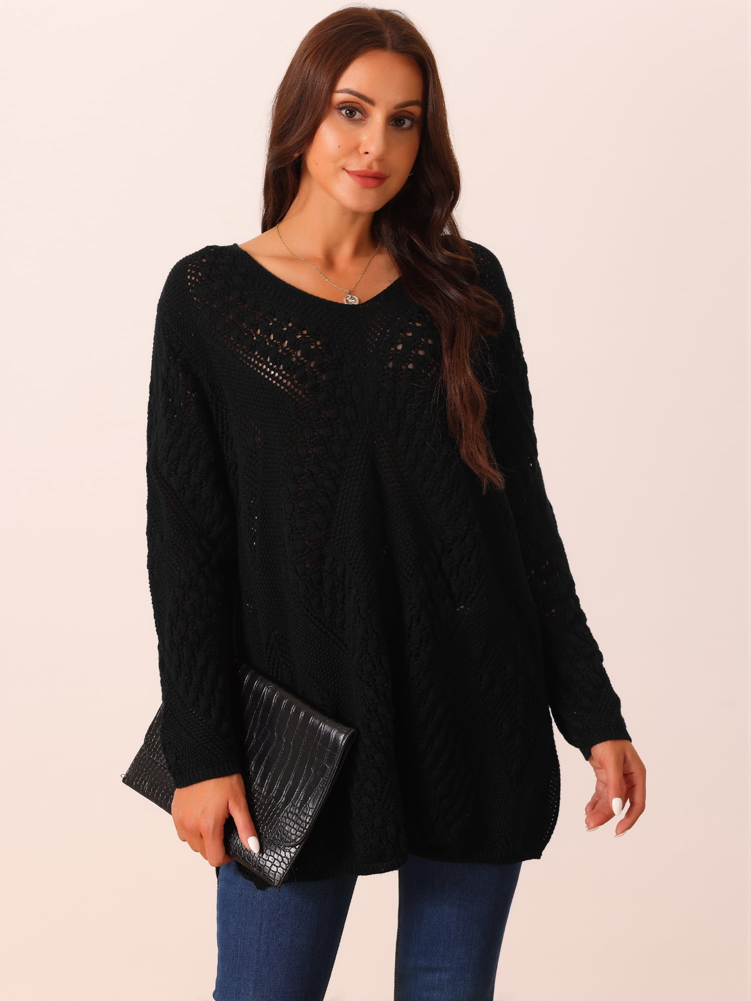 DARING DIVA Hollow Cable Knit Loose Casual Pullover Sweaters L Black
