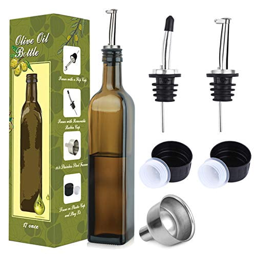 Aozita 17oz Glass Olive Oil Bottle - 500ml Dark Brown Oil & Vinegar Cruet with Pourers and Funnel - Olive Oil Carafe Decanter for Kitchen