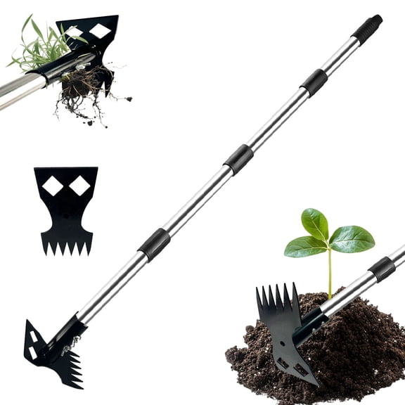 2 in 1  Weed Puller Tool with Long Handle - Adjustable Manual Weeder Remover Tool, Hand Weed Rake and Garden Hoe for Gardening, Yard, Lawn and Patio