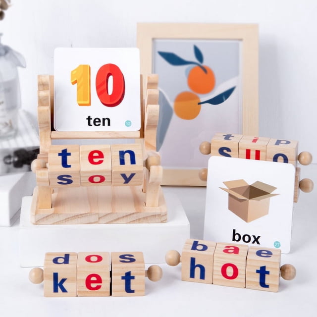 Bloques de lectura de madera, juego de ortografía con palo de vocal corto, palabras a la vista, juguetes de aprendizaje del alfabeto giratorio Montessori para niños y niñas en edad preescolar Rojo Verde