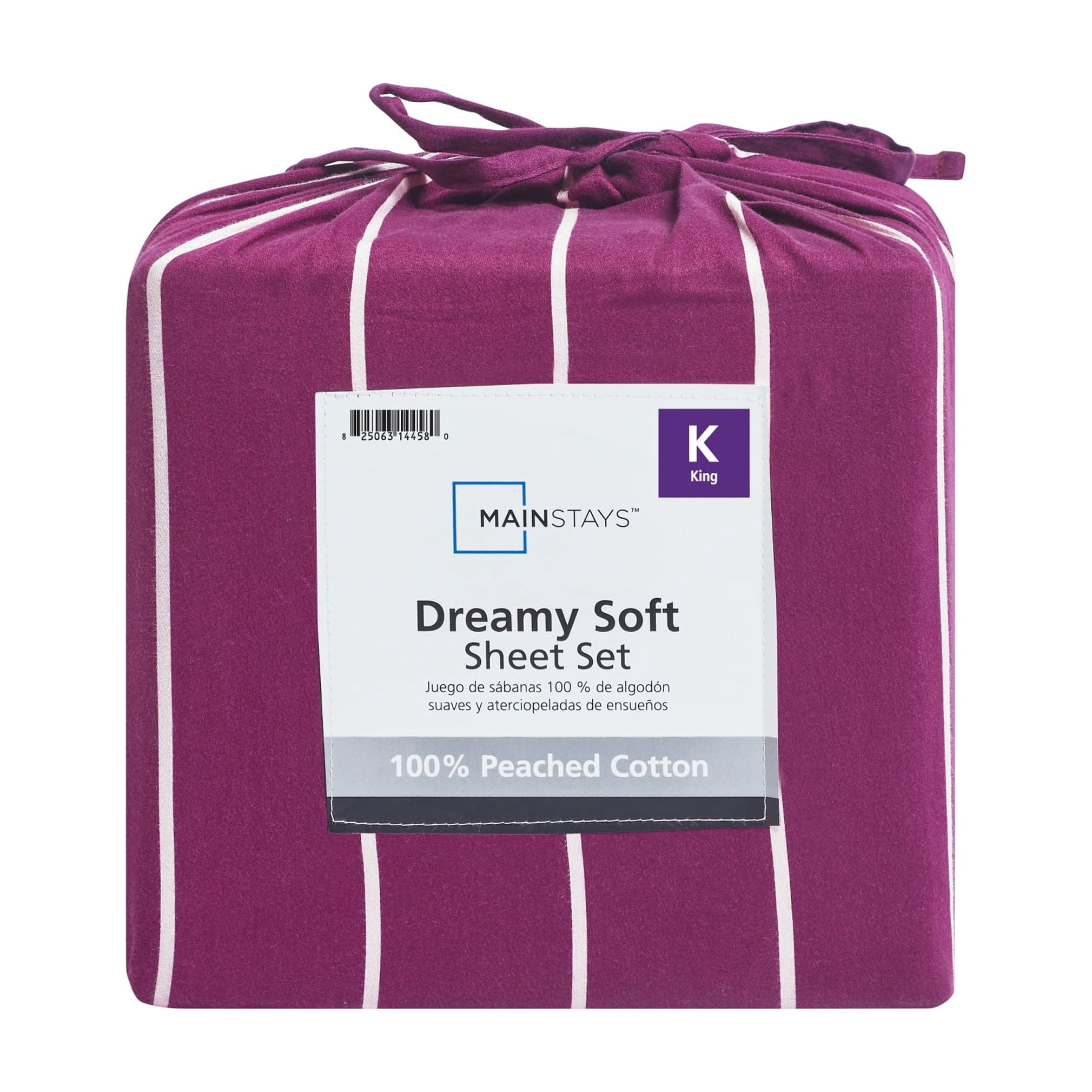 Mainstays 100% Cotton Dreamy Soft 4-Piece Bed Sheet Set, 220 Thread Count Brushed and Washed Sateen, Deep Pocket, King, Maroon and Pink Stripe