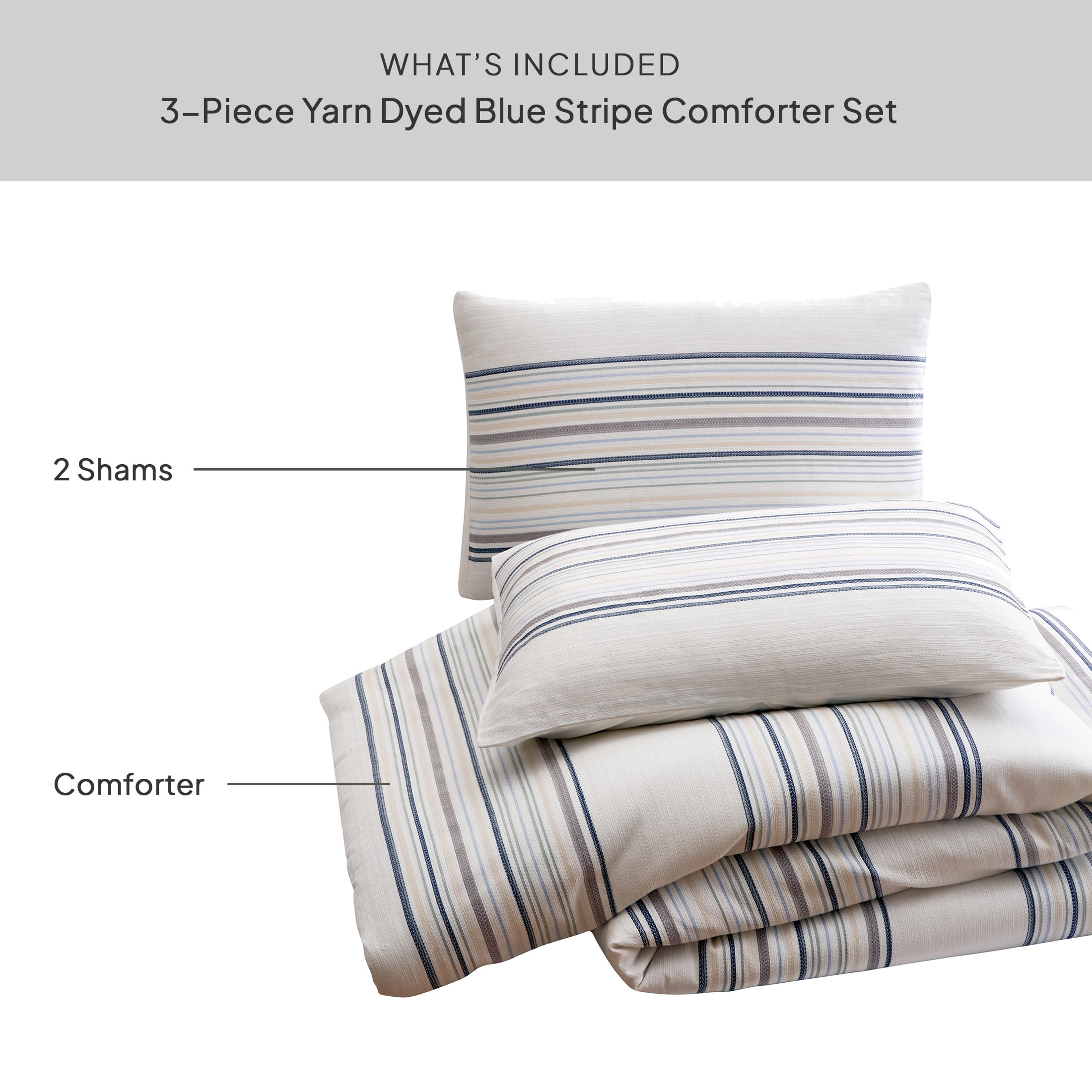 Better Homes & Gardens Full/Queen Comforter Set, Heavy Weight Warmth, 3-Piece, Blue Yarn Dye Stripe