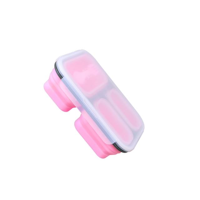Cateissary Fiambrera de silicona con 3 compartimentos, plegable, portátil, para oficina, viaje, comida, sándwich, contenedor de almacenamiento, Mostrada Rosa