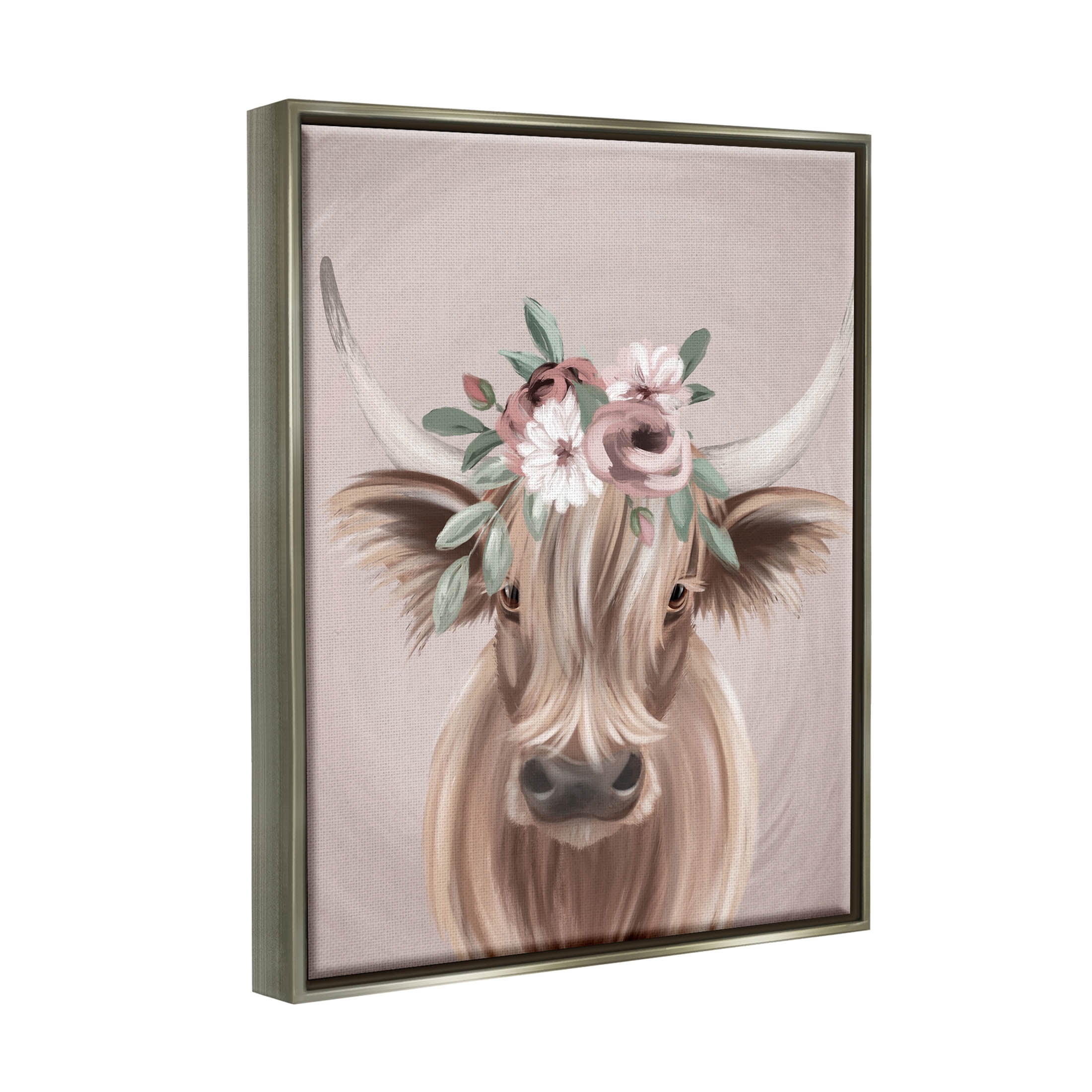 Highland Cattle Pink Flower Crown Animals & Insects Graphic Art Luster Gray Framed Art Print Wall Art