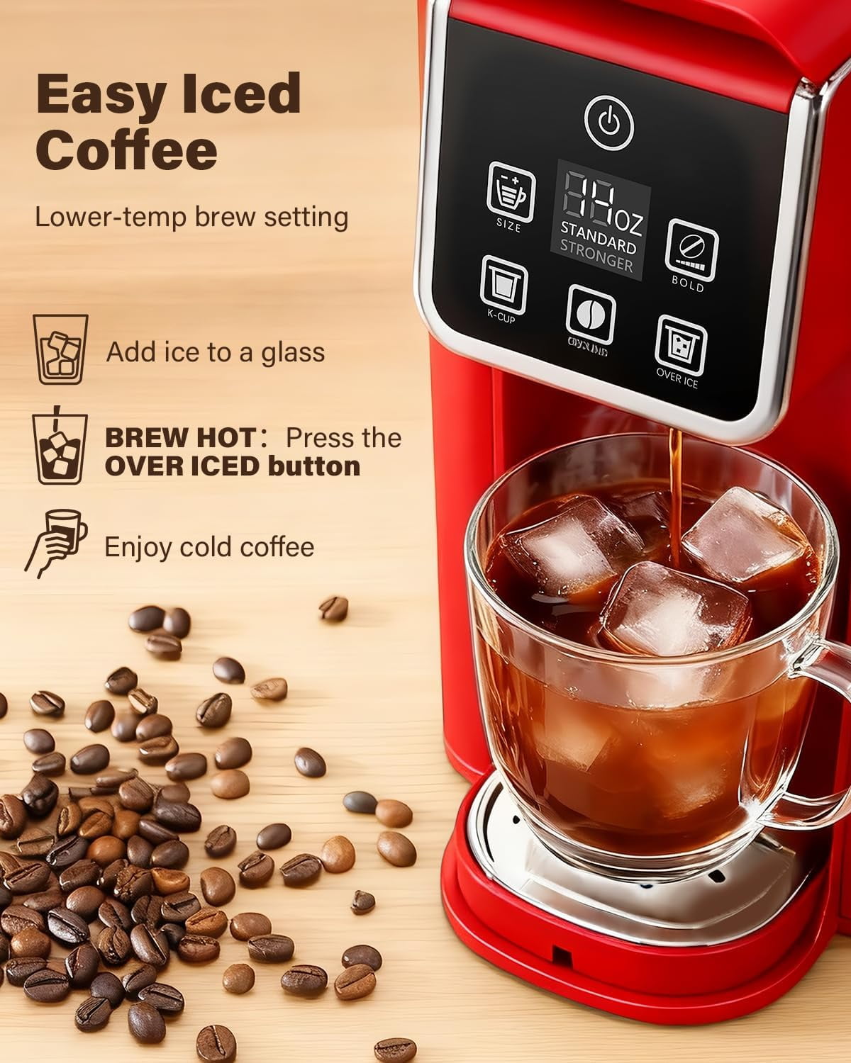 Single Serve Coffee Maker, Hot & Iced Coffee Machine for K Cup and Grounds, 6 to 14 oz Brew Sizes, 50 oz Removable Water Tank, Bold Brew Setting, Pod Coffee Maker with Reusable Filter, Red