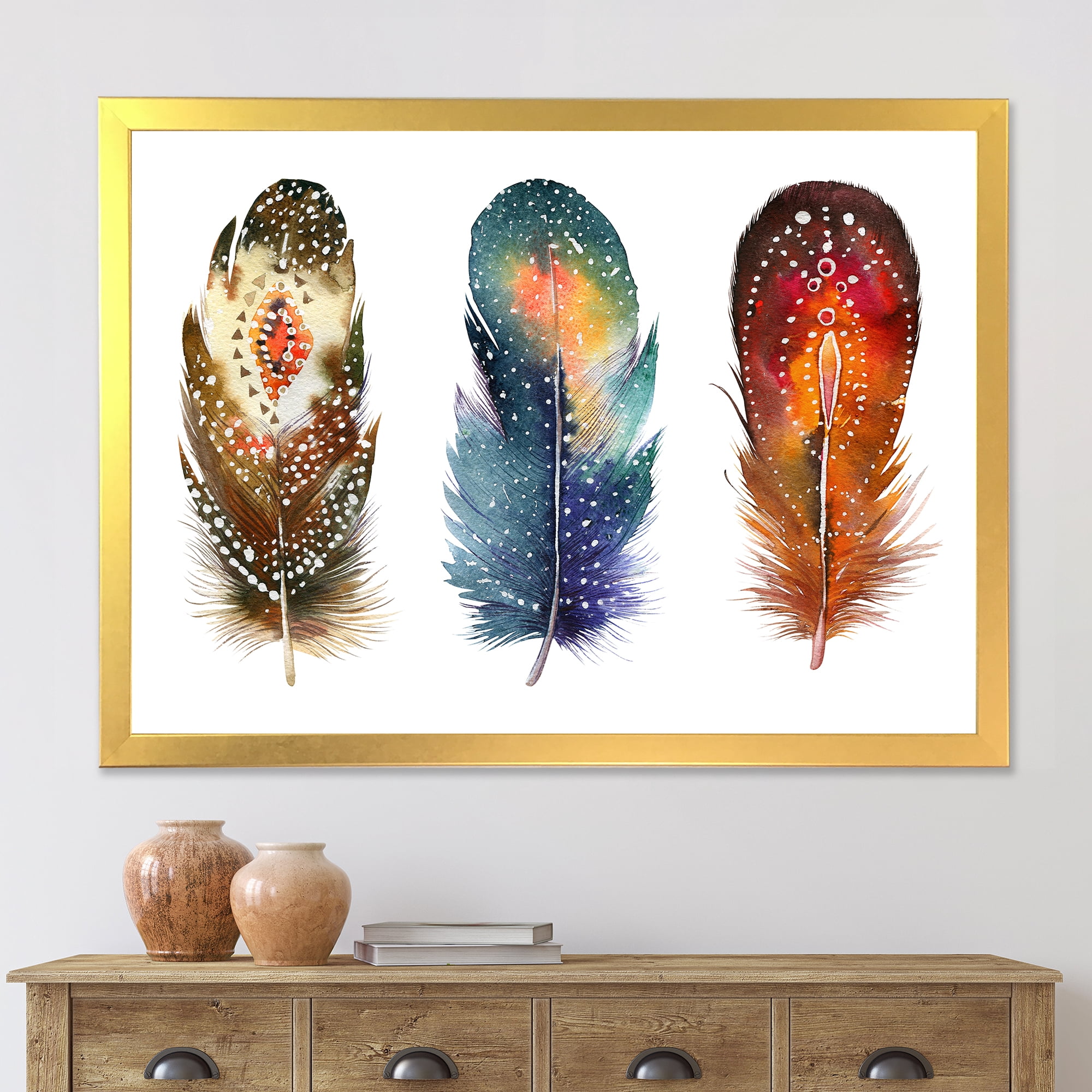 Designart 'Colourful Boho Art Feather Set IX' Bohemian & Eclectic Framed Art Print