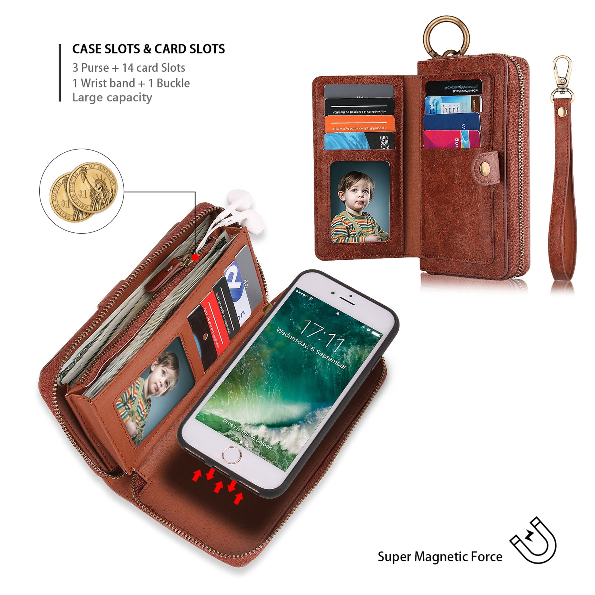 iPhone 8 Wallet Detachable Case, iPhone 7 Case, Dteck [wrist band & metal buckle & 14 Card Slots] Zipper Purse Phone Case Multi-function Folio Flip Weave PU Leather Removable Magnetic Back Cover,Brown