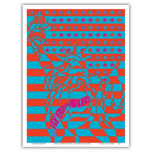 Statue of Liberty New York - Fly Eastern Airlines - Psychedelic Art - Vintage Airline Travel Poster c.1969 - Master Art Print (Unframed) 9in x 12in