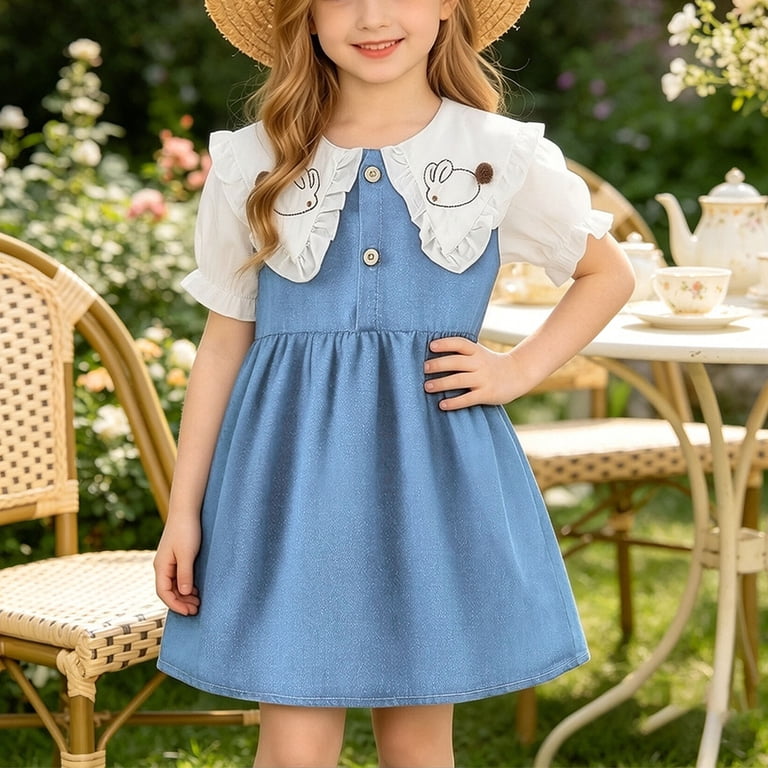 3t denim dress Babcutegg Cute With Floral And Bunny Embroidery, Short Sleeve A-Line Skirt For Young Girls Light Blue Size Soft chambray with a Magnificent princess lace white Primary color:Gray stripes Womens-Dresses Levis dress