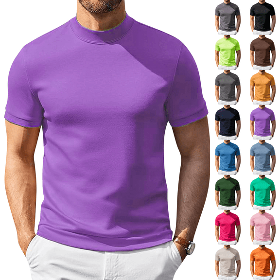 Men Mock Turtleneck Short Sleeve Tee Lightweight Silk-Like Slim Fit Basic Solid Casual Daily Wear Tops Light Purple XL