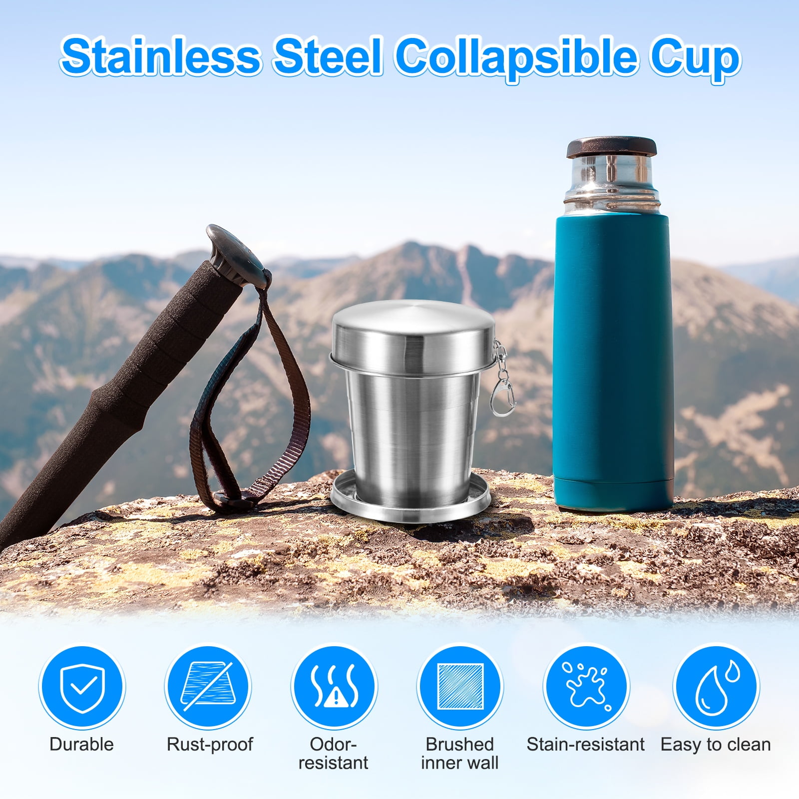 Uxcell 2 Pack Stainless Steel Collapsible Travel Cup, 15oz(450ml) Reusable Collapsible Metal Cup Portable Foldable Water Bottle with Lid and Keychain
