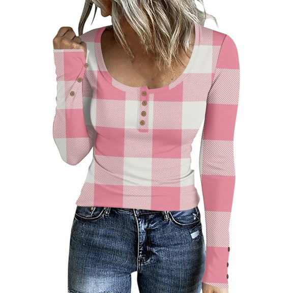 Stichou Fall Shirts for Women Henley Plaid Slim Fit Long Sleeve Comfy Tops Loose Fit Button Blouse Fashion Outfits Pink 2XL