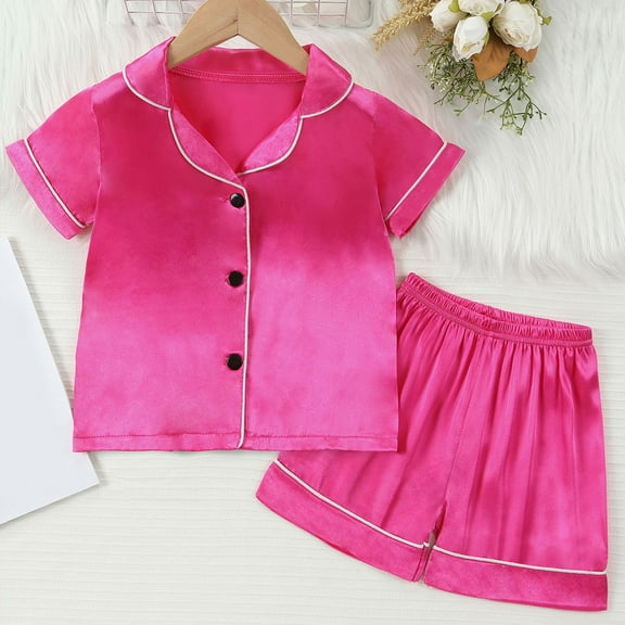 Toddler Girl Pajamas Set 2 Pcs Solid V-neck Short Sleeve Button-Up Pajamas Sleeper Shirt Pant Matching Sleepwear Outfits for Kids Girls 3-4 Years