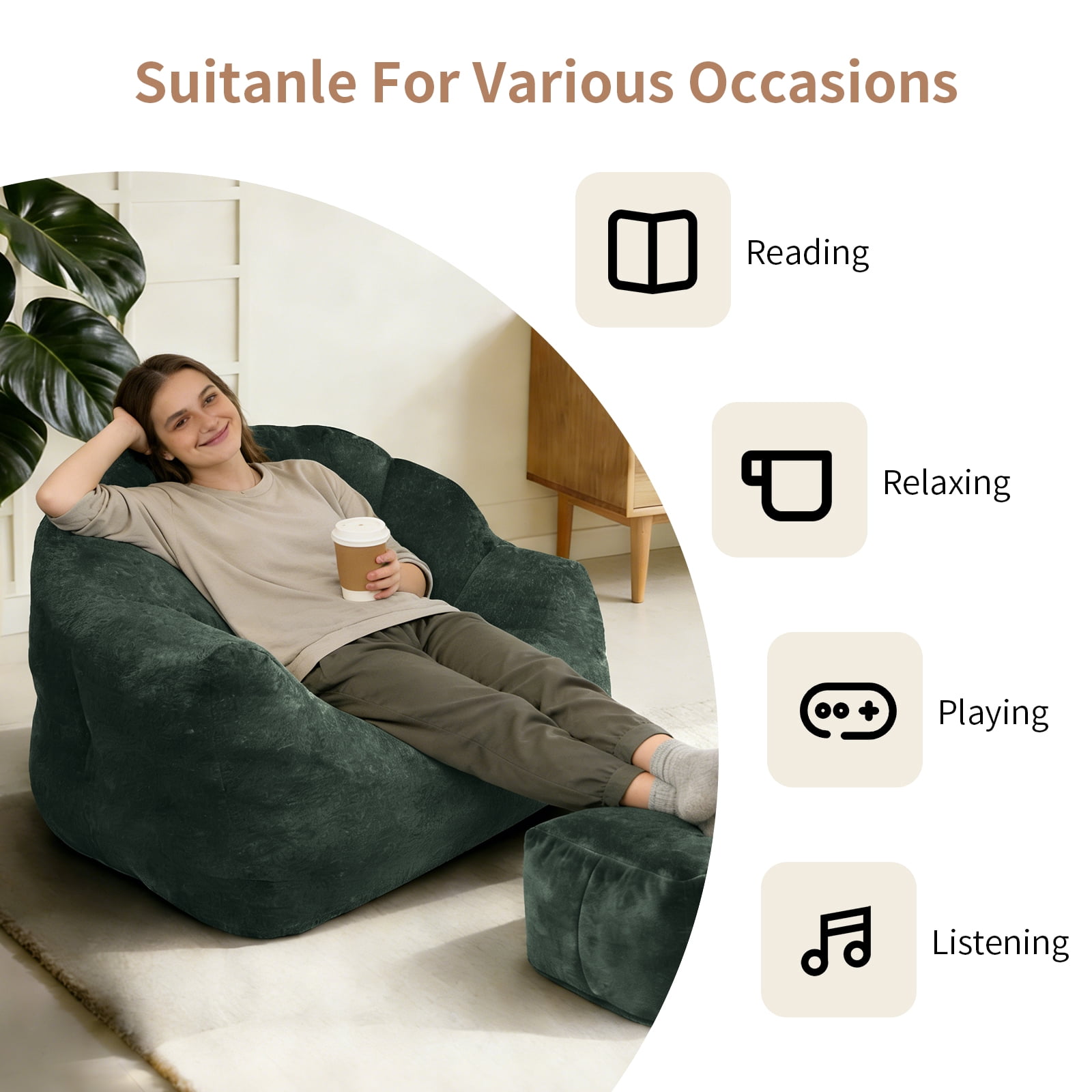 Bean Bag Chair, Lazy Sofa, Armrest Bean Bag with High-Density Memory Foam Fill, Removable Washable Flannelette Cover, No-Assembly Floor Seating for Living Room Bedroom, Green 39.4x34.3x25.6in