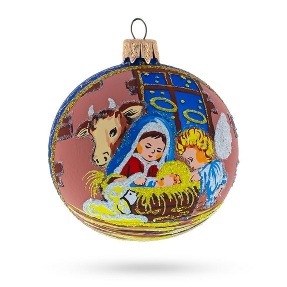 Serene Silent Night Nativity Scene- Glass Ball Christmas Ornament 3.25 Inches