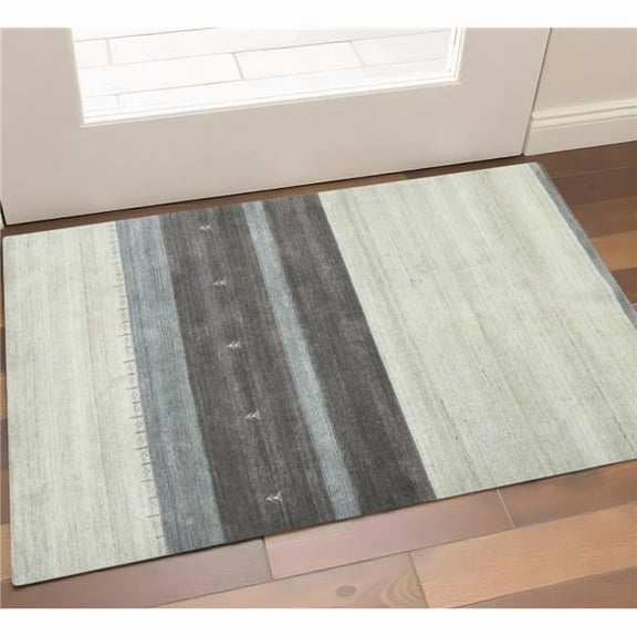 HomeRoots 570687 2 x 3 ft. Wool Striped Hand Woven Rectangle Area Rug, Ivory Gray & Green
