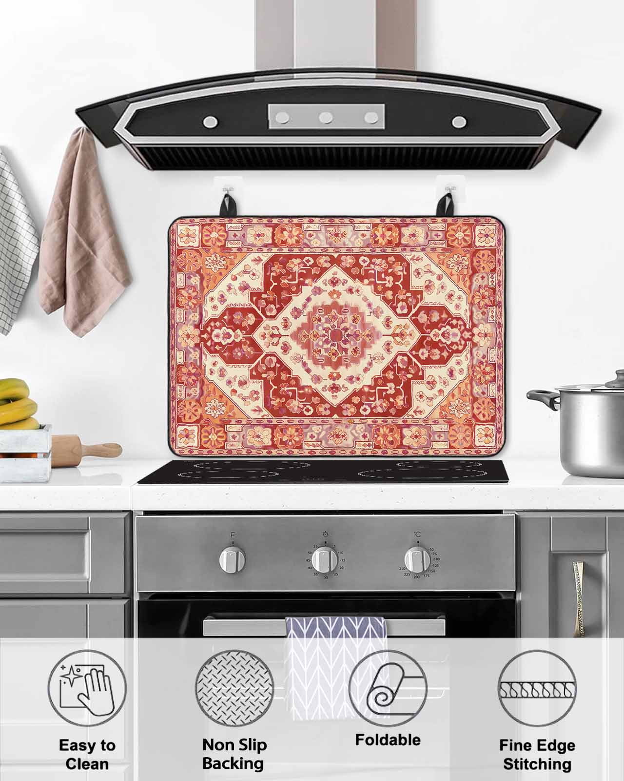 nqOlkjepod Large Induction Cooktop Protector Mat 24"x21", Burnt Orange Boho Stove Top Covers for Electric Stove, Ethnic Geometric Southwest Decorative Stove Burner Cover Mats, Glass Top Stove Cover
