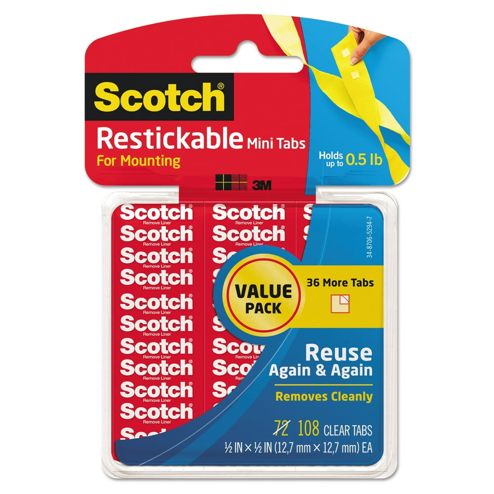 Scotch Restickable Mounting Tabs, 1/2" x 1/2", Clear, 108/Pack