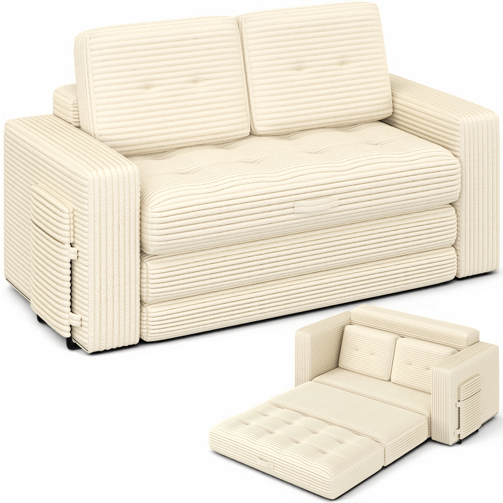 WENTUM Pull Out Loveseat Boneless Couch,Sleeper Sofa, Folding Couch Bed with Pillow for Living Room Bedroom, Beige