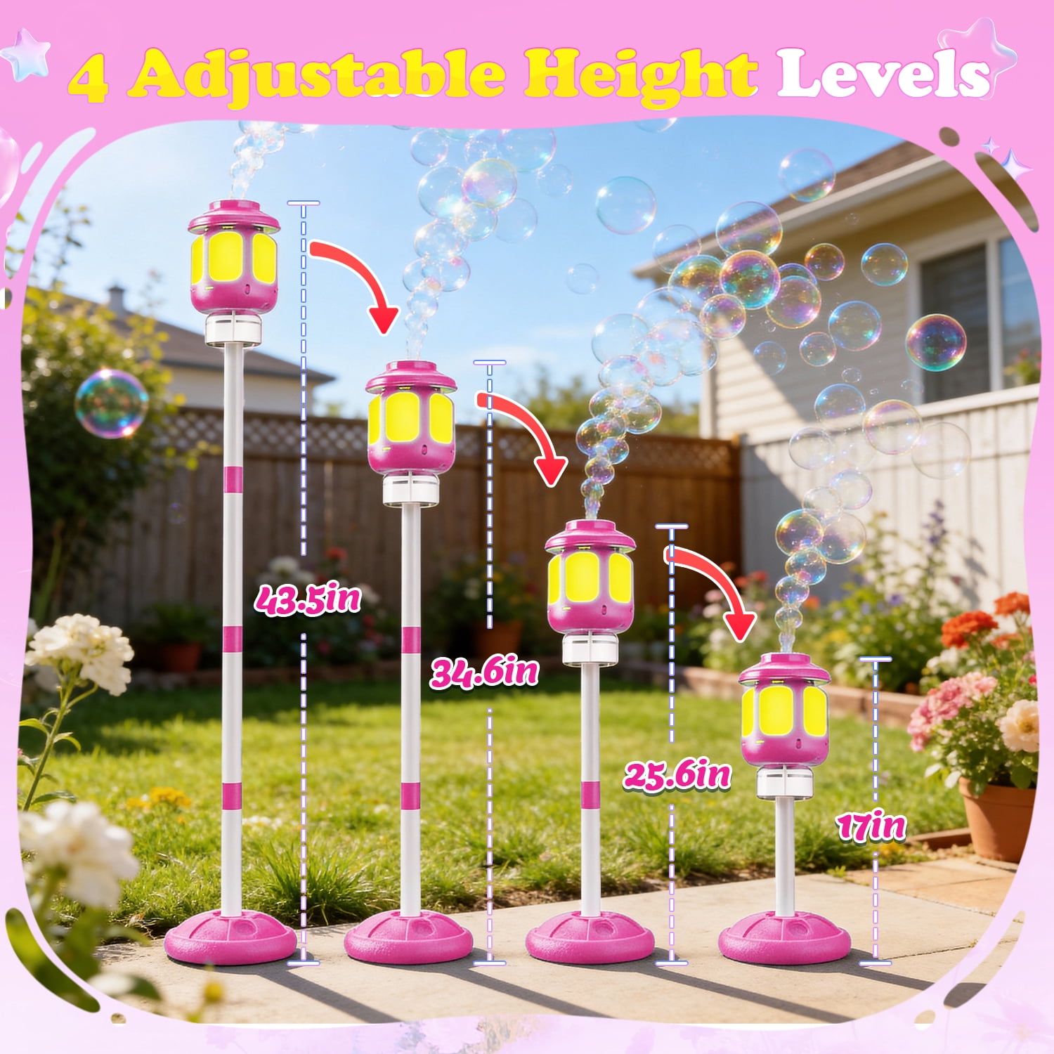WonderStone Lamp Bubble Machine, Bubble Blower and Wand with Music & Lights, Equipped with 180 ml Bubble Solution and 4 Adjustable Heights, Summer Outdoor Toys for Toddlers, Pink