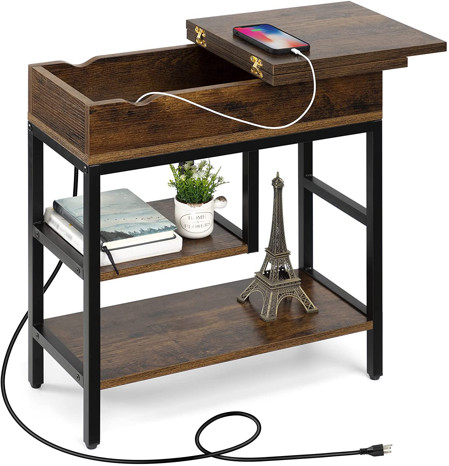 KESHENGDA Side Table with USB Ports and Outlets, Narrow Sofa End Table