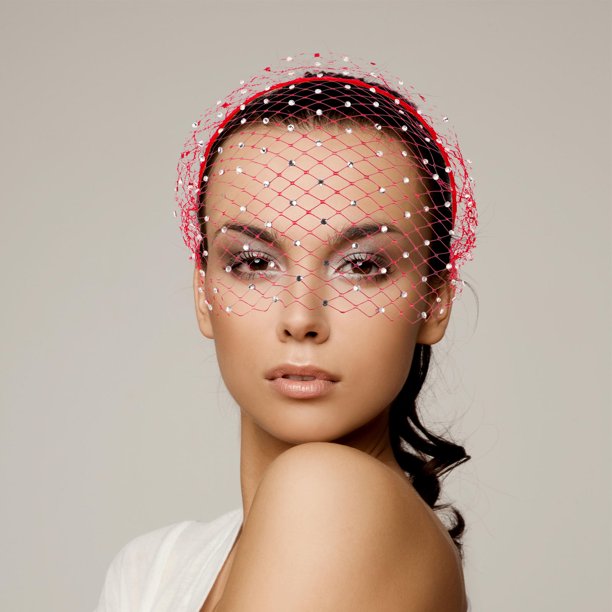 Moluckfu Red Rhinestone Wedding Headband with Sturdy Mesh Veil for Bridal Ceremony