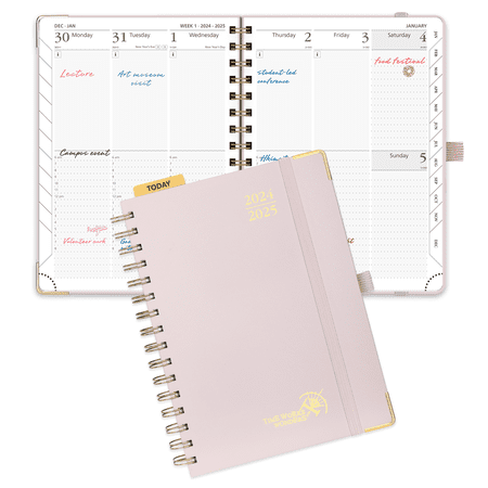 POPRUN Academic Planner 2024-2025 Hardcover Spiral Bound 6.25" x 8.5" (July 2024-June 2025) Daily Weekly and Monthly Calendar with Hourly Time Slots, Tabs, Storage Pocket - Light Pink