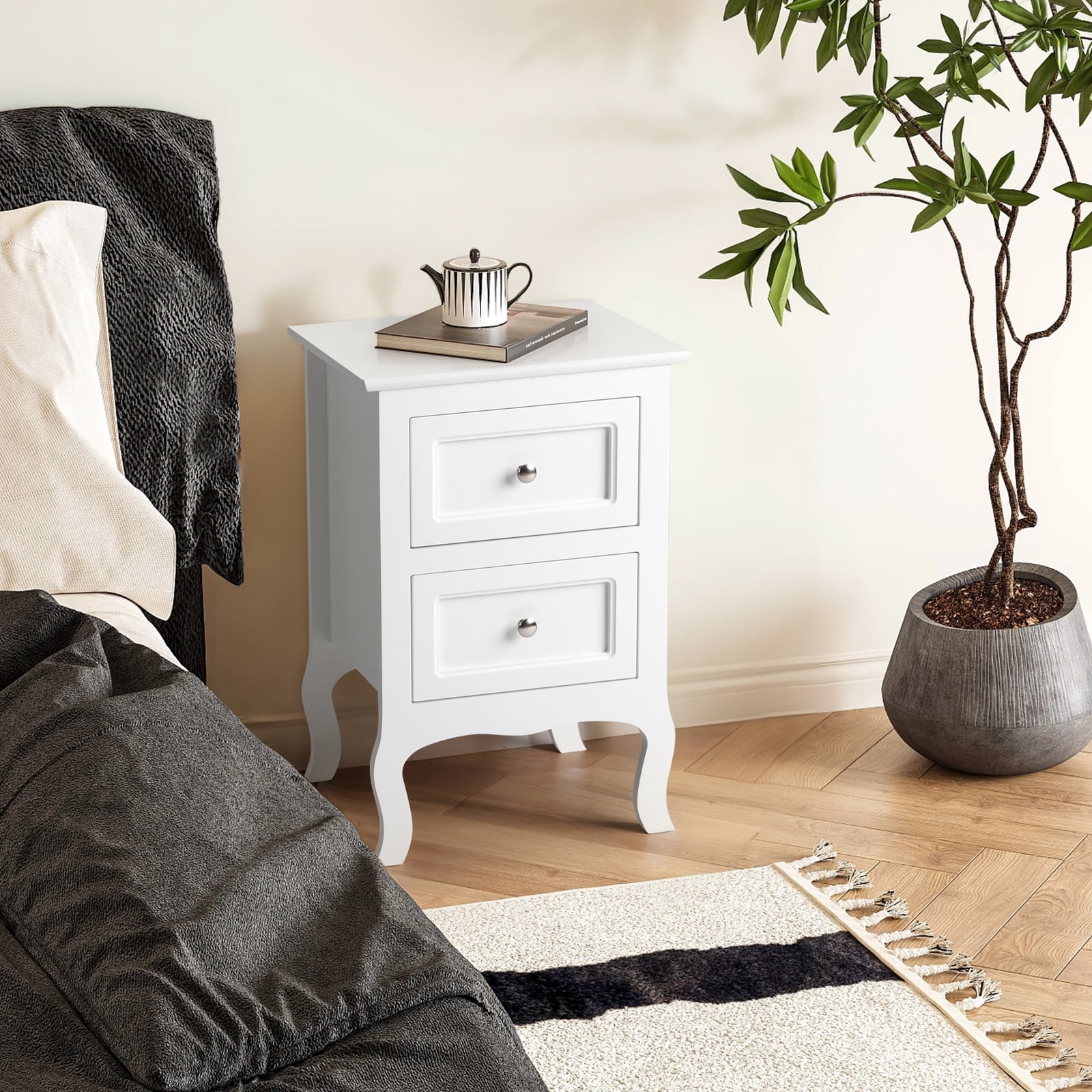 Ktaxon 2pc Nightstand End Table with 2 Drawer Bedside Table,Wood Accent Table, White