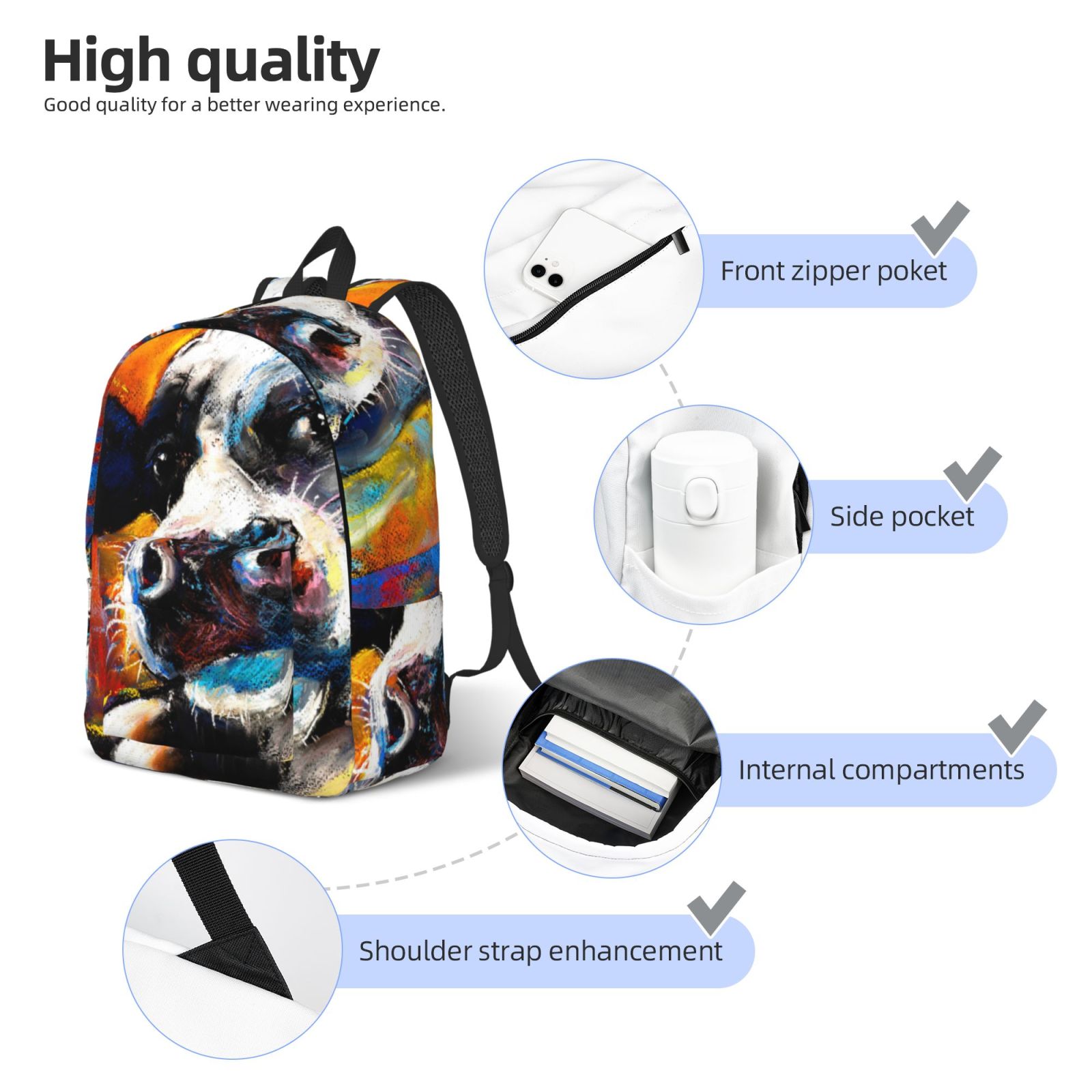 Vsdgher Cow Print Canvas Backpack Travel Rucksack Unisex Knapsack 15.7/17.7Inch Laptop Backpack for Work,College -Small