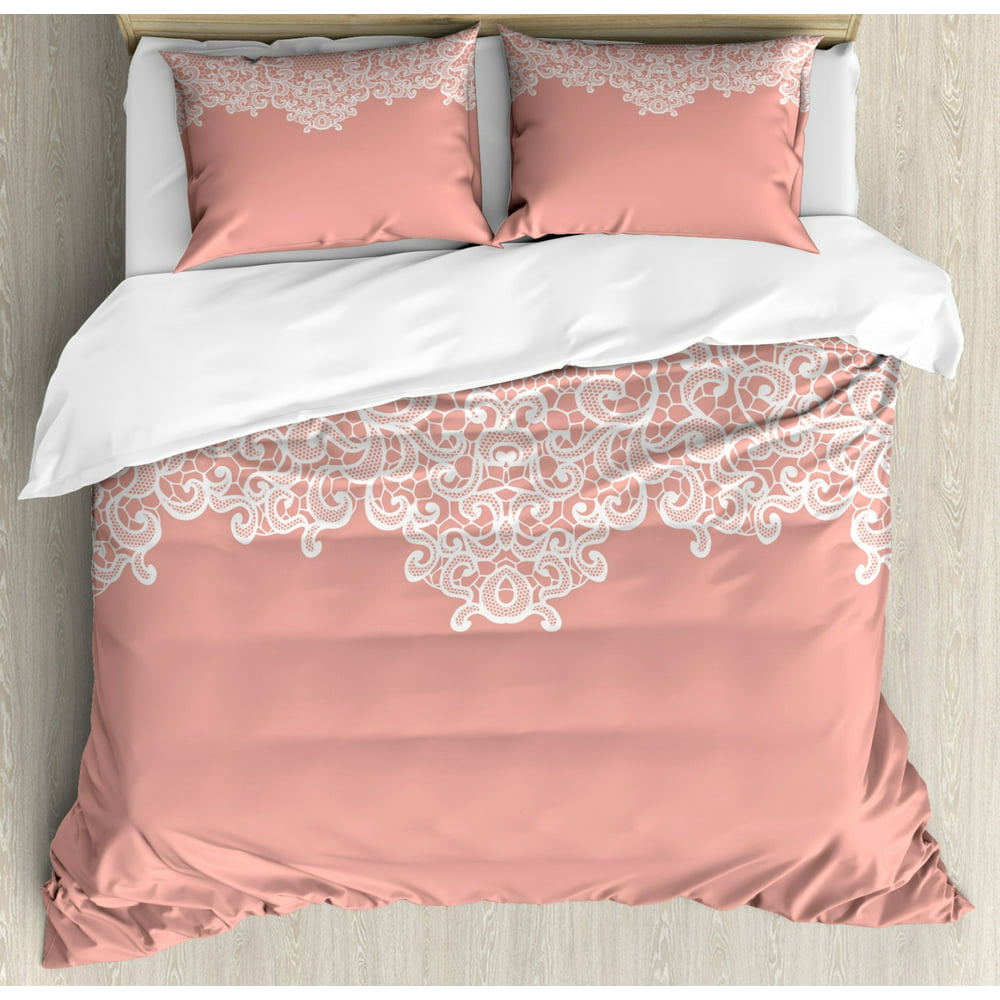 Peach Duvet Cover Set, Abstract Lace Design Wedding Engagement