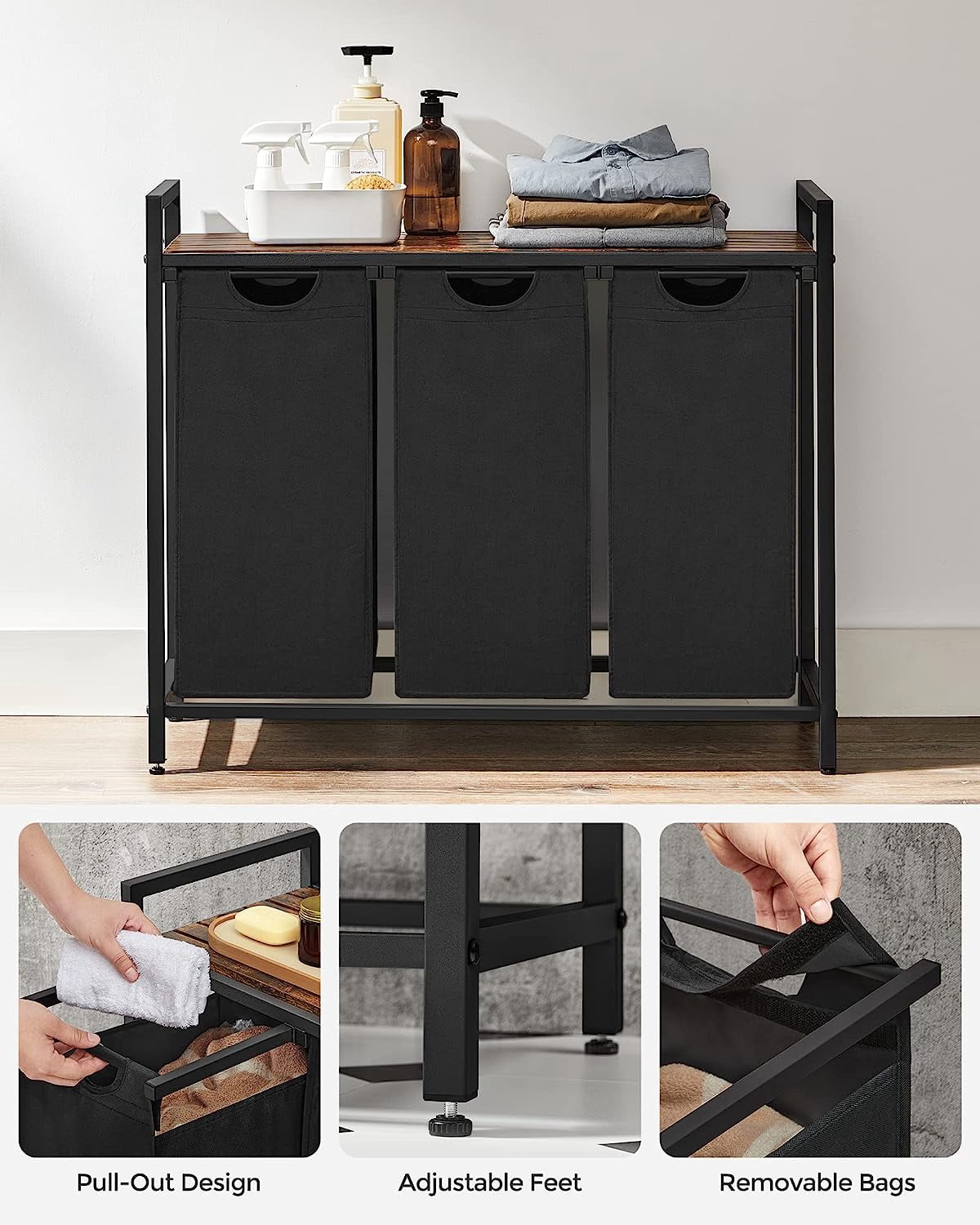 Laundry Hamper, 3 X 45L Laundry Bags & 2 Tier Adjustable Storage Shelf, Pull-Out and Removable Oxford Fabric Laundry Baskets, for Home/Hotel Black