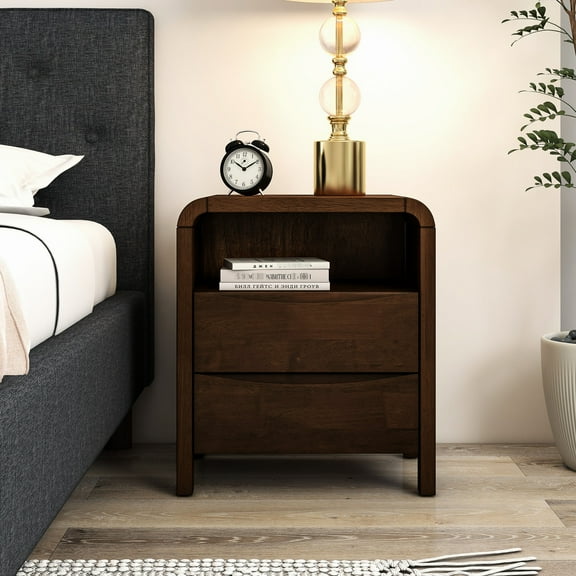 Stylish 2 Nightstand In Mid-century Modern - Solid Wood, Walnut Bedroom 2 Drawers, Chic