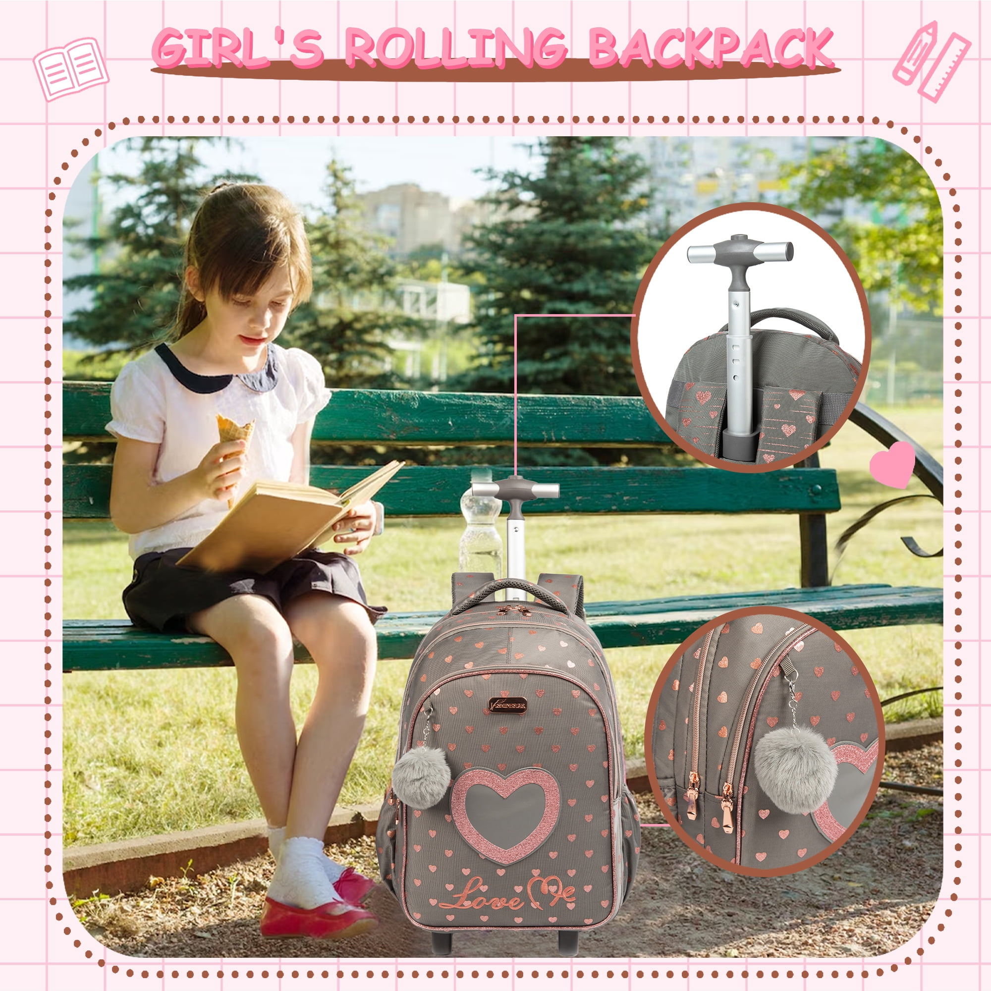 Kids Rolling Backpacks for School Girls with Wheels Rolling School Bags Lunch Bag Pen Case for Ages 6-8
