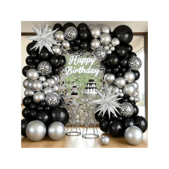 Black And Silver Balloons Garland Arch Kit, 111pcs Metallic Silver And Black Balloons With Silver Exploding Star Foil Balloons For Graduation Birthday Wedding New Years Party Decorations