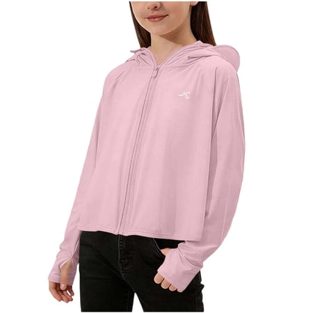 UQJfacai Girls Hooded Jacket Kids Lightweight Sun Protection Jackets Fishing Running Outdoor Cooling Shirt Pockets 3-15 Years