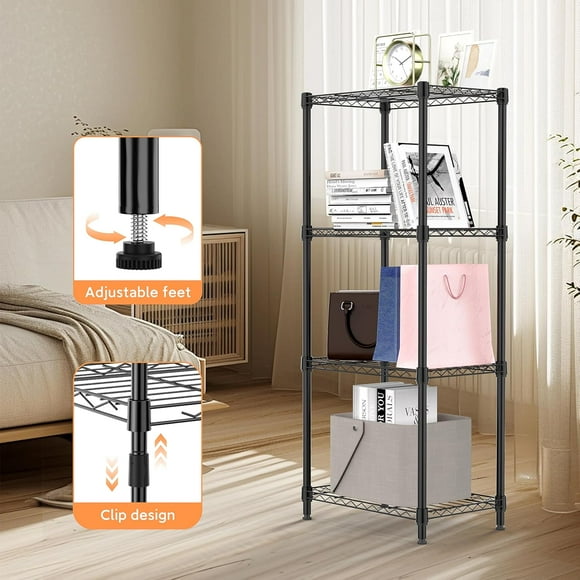 M MZG 4-Tier Metal Storage Rack, Shelving Unit with for Home, Kitchen, Living Room, Bathroom (Black, 4 Tier，11.8" D × 17.7" W× 41.9" H)
