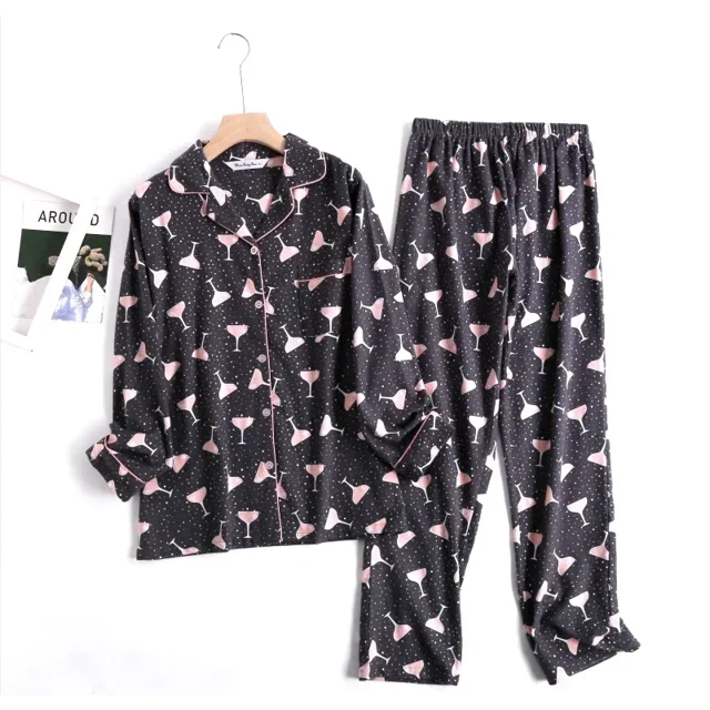 Ensemble de Pyjama en Flanelle de Coton pour la Maison, Simple, Imprimé, Ample, Automne et Hiver, Manches Longues, Pantalon, Ensembles de Pyjama pour Femmes tzw