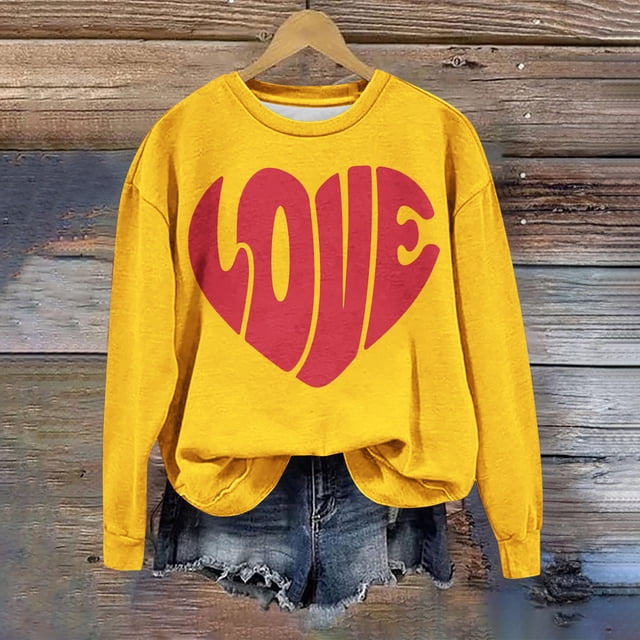 Jsaierl Sweatshirts de la Saint-Valentin pour Femmes Manches Longues Imprimé Cœur Pull Col Rond Chemises Décontractées Confortables