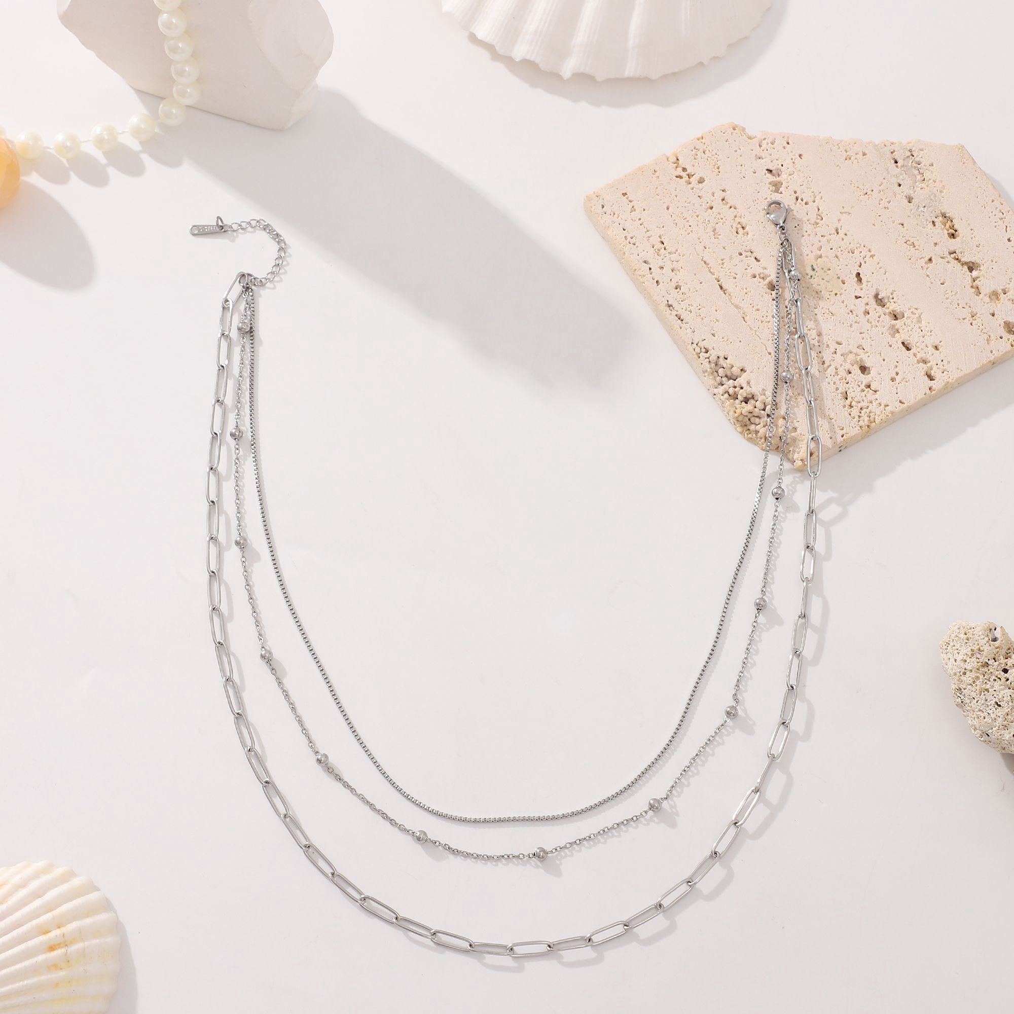 Layered Chain Necklace for Women by Ginger Lyne Silver Tone Stainless Steel Box Bead and Paperclip Chains