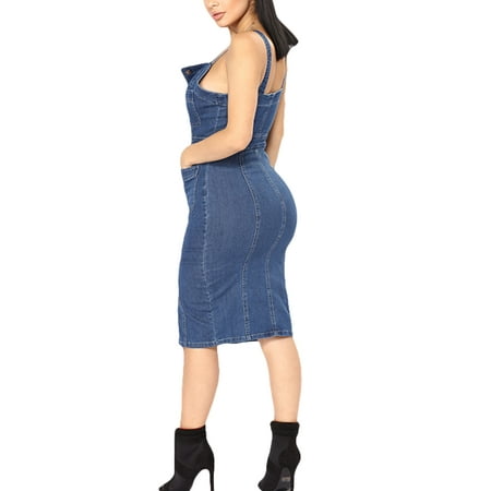 Summer Casual Cowboy Denim Jeans Dresses Womens Button Strap Party Jean Overall Bodycon Long Midi V Neck Backless Blue Dress
