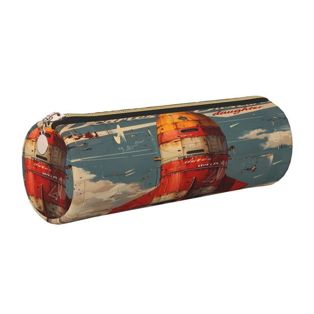 Easygdp Rusty Rocket Launch para Estuche de Lápices Cilíndrico de Cuero con Cremallera, Organizador de Lápices de Cuero para Escuela, Oficina y Viajes