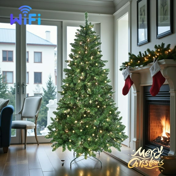 Tcbosik 6ft Prelit Artificial Christmas Tree with WiFi-Controlled RGB LED Lights, 38 Light Functions, Music Sync, Hinged Xmas Tree with 300 Lights and 751 PVC Tips for Home Holiday Decoration, Green