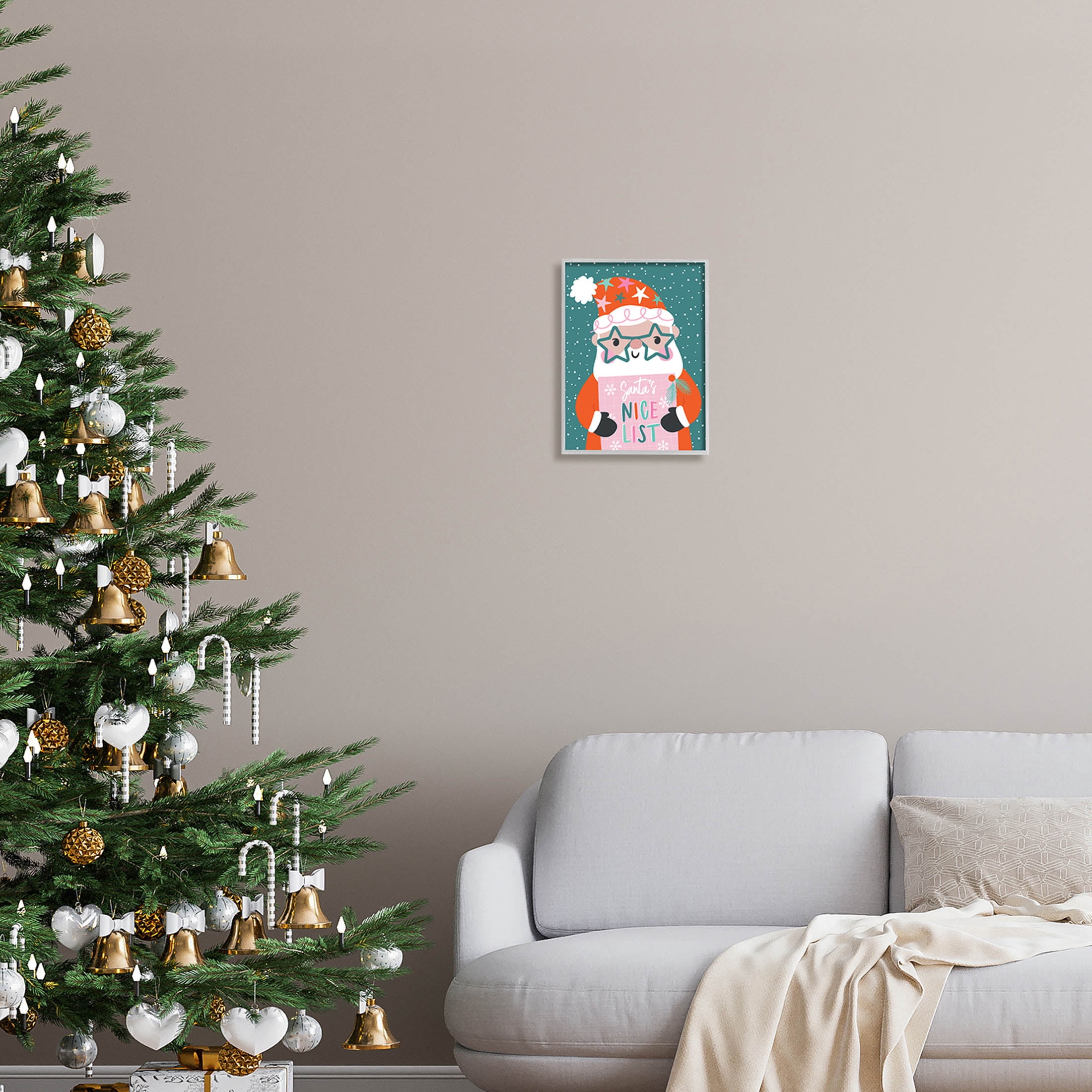 Santa's Nice List Falling Snow Holiday Graphic Art Gray Framed Art Print Wall Art