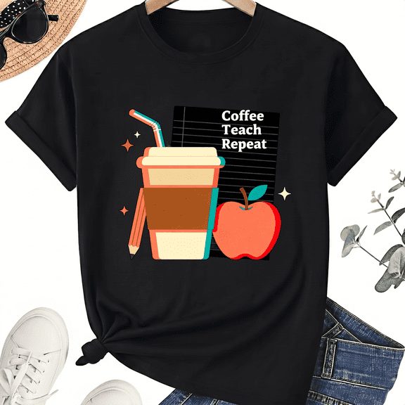 Coffee Cup Preschool Teacher T-Shirt for Women, 100% Cotton Crew Neck Short Sleeve Shirt, Apple Classroom Graphic