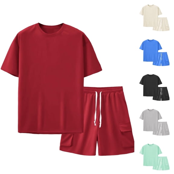 CHUMUD Cargo Shorts Sets for Men Hiking 2 Piece Outfits Summer Matching Set Short Sleeve T-Shirts Drawstring Shorts Set with Pockets Casual Athletic Tracksuits